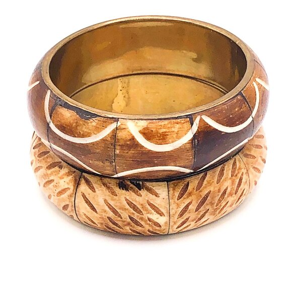 Set of 2 Vintage Hand-Carved Wood Bangles with Brass Interiors – 1" Wide - Picture 2 of 16